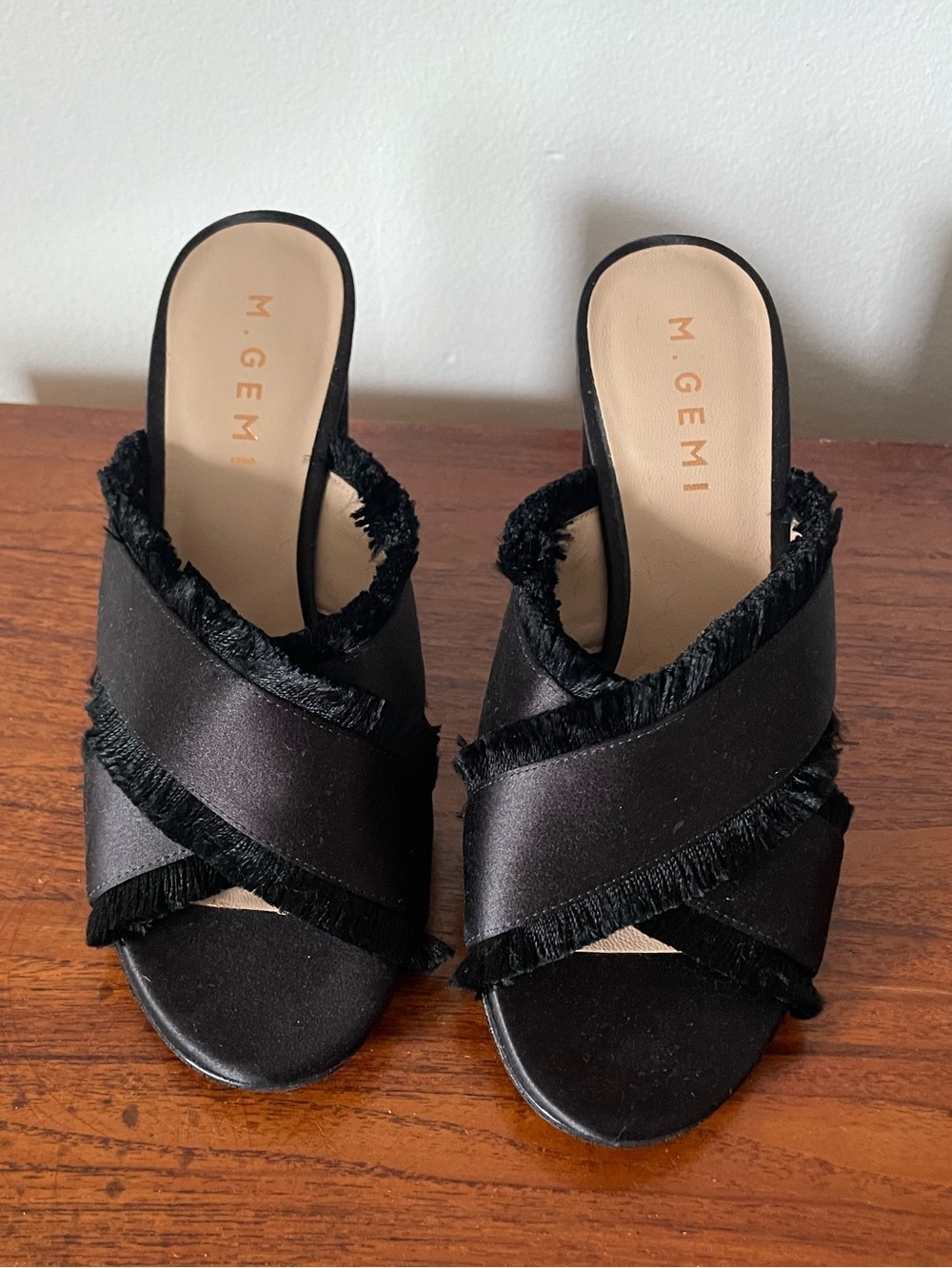 M. Gemi Black Satin Fringe Mule Slides